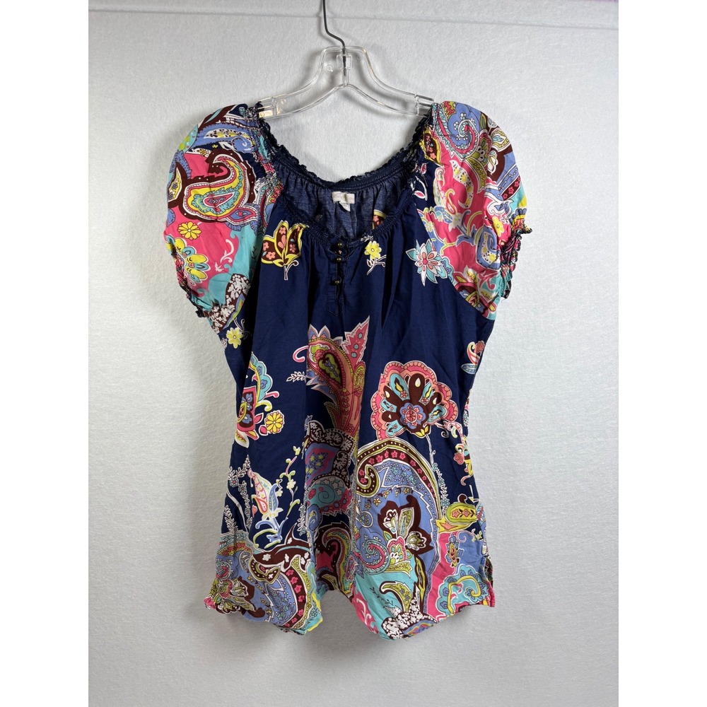 Healing Hands 2096 Scrub Top XL Paisley Boho Peasant Tunic Navy Pockets